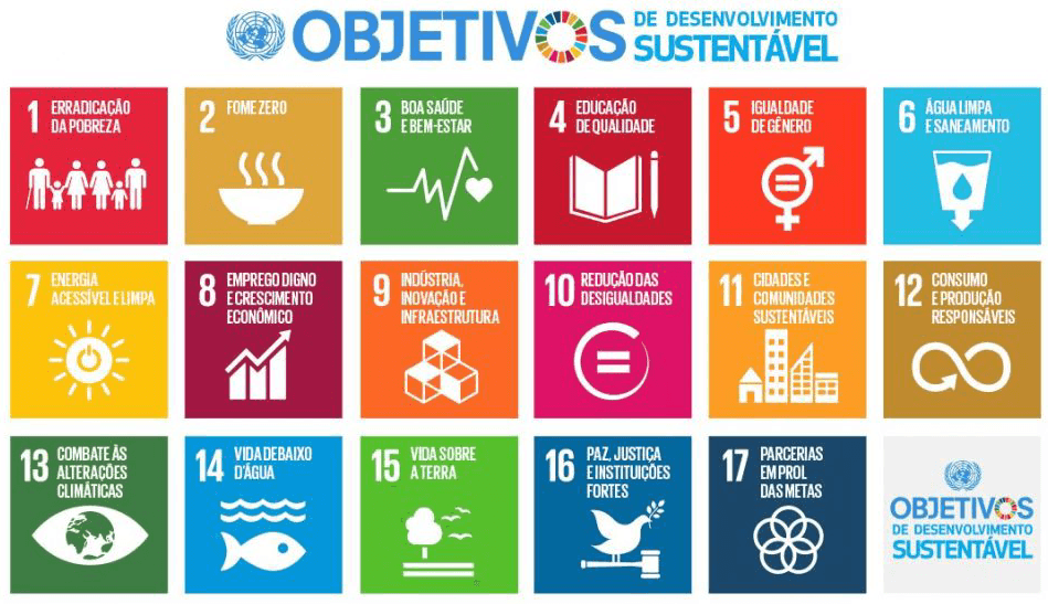 Imagem com todos os 17 objetivos sustentáveis da ONU